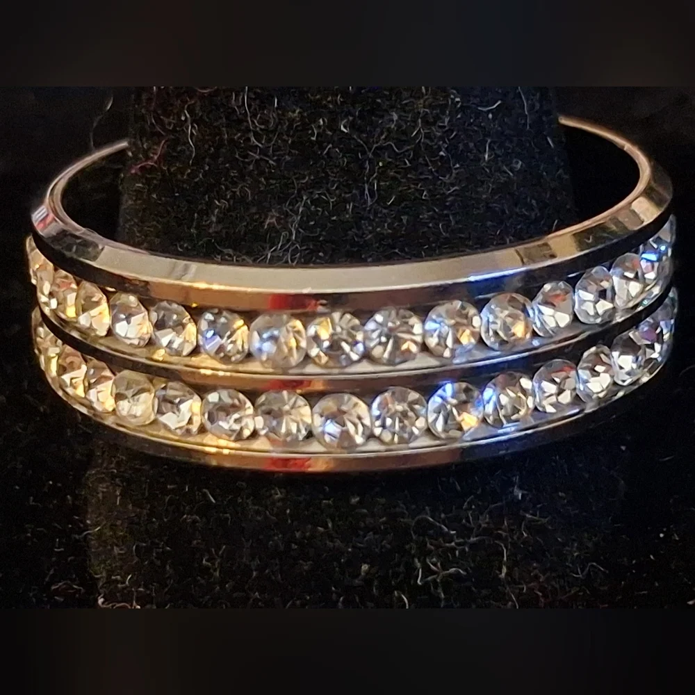 Silvertone Cigar Band Ring With Faux Diamonds Size 11 3/4